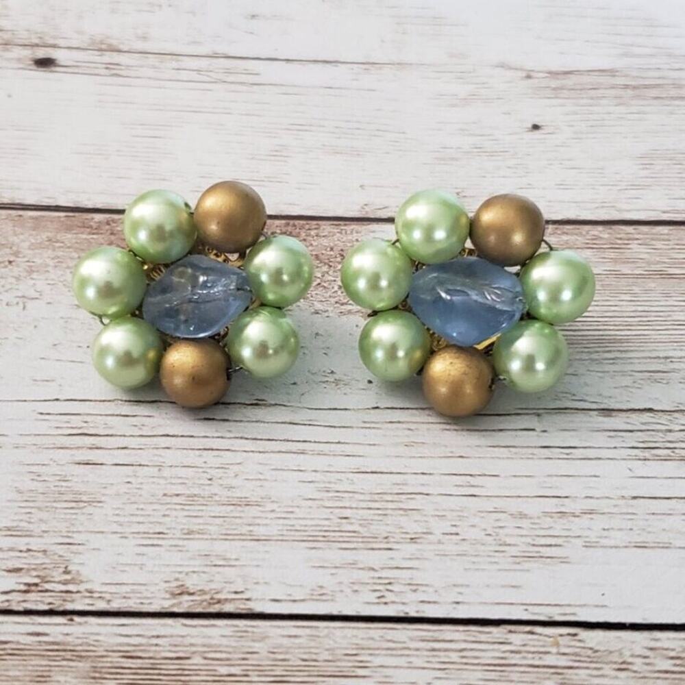 Vintage Clip On Earrings 1" Light Green, Blue, Bronze Tone Cluster